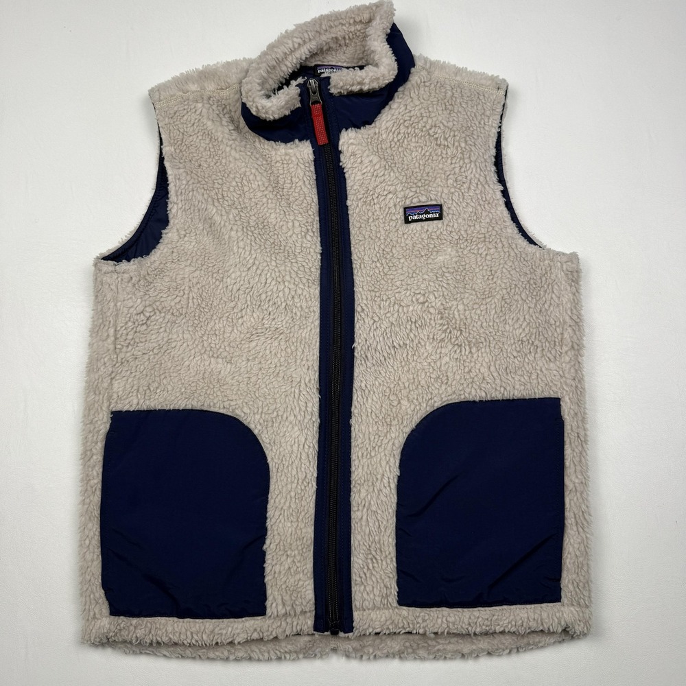 Patagonia Vest Kids XL Beige Navy Fleece Colorblock Full Zip Retro X